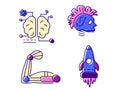 Cyberpunk flat icons set. Muscular arm with exoskeleton. Bio-robot gadgets and rocket. Color symbols collection