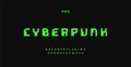 Cyberpunk font, retro digital typeset. Green hacker alphabet, pixel unusual type. Cyber tech letters for microchip hud