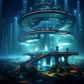 Cyberpunk futuristic architecture building under Water