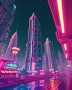 Futuristic City Neon Light, View from below, with High Buildings, Skyscrapers at Night Landscape Illustration Image Generative AI Royalty Free Stock Photo