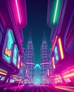 Futuristic City Neon Light, View from below, with High Buildings, Skyscrapers at Night Landscape Illustration Image Generative AI Royalty Free Stock Photo