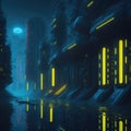 Cyberpunk Futuristic City, Night With Neon Glowing Lights, Retro Element, Street With Wet Asphalt And Car, Generative AI Royalty Free Stock Photo