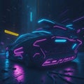 Cyberpunk Futuristic City, Night With Neon Glowing Lights, Retro Element, Street With Wet Asphalt And Car, Generative AI Royalty Free Stock Photo