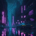 Cyberpunk Futuristic City, Night With Neon Glowing Lights, Retro Element, Street With Wet Asphalt And Car, Generative AI Royalty Free Stock Photo