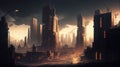 Cyberpunk Futuristic Cityscape with Skyline Digital Conceptual Illustration on Canvas Oil Painting AI Generative