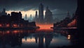 Cyberpunk Futuristic Cityscape with Skyline Digital Conceptual Illustration on Canvas Oil Painting AI Generative