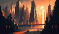 Cyberpunk Futuristic Cityscape with Skyline Digital Conceptual Illustration on Canvas Oil Painting AI Generative