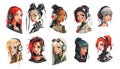 Cyberpunk girl avatars, futuristic young female person cartoon face portrait, teenager in cyber headphones game set