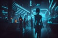 Cyberpunk girl dancing at party in cyberpunk city.Futuristic cyberpunk night club with neon lights Royalty Free Stock Photo