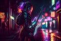 Cyberpunk girl electric guitar player at night street with neon light background. Joyful street musician playing music solo Royalty Free Stock Photo