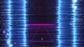 Cyberpunk glitch background. Blue neon distortion. Distorted TV or VHS signal. Dark starry sky with pink 80s grid Royalty Free Stock Photo