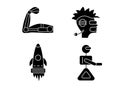 Cyberpunk glyph icons set. Futuristic robot and spaceship. Exoskeleton and high tech technology