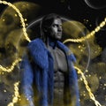 Cyberpunk guy with blue fur coat against yellow background Royalty Free Stock Photo