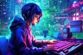 Cyberpunk hacker anime girl, with an edgy haircuy, typing on a holographic keyboard while surrounded by neon code and digital data