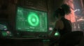 Cyberpunk hacker coding futuristic software on computer in dark room