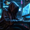 A cyberpunk hacker at a computer in neon light.A hacker sits in a hood surrounded by neon.A masked hacker at a computer