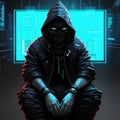 A cyberpunk hacker at a computer in neon light.A hacker sits in a hood surrounded by neon.A masked hacker at a computer