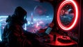 cyberpunk hacker in futuristic surveillance room