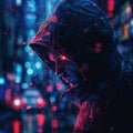 Cyberpunk hacker hoodie neon futuristic digital criminal technology anonymous system security code tech dark