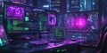 Cyberpunk Hacker Interface with Neon Purple and Green Details - Futuristic Digital Tech Background Design Royalty Free Stock Photo