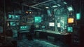 Cyberpunk Hacker Room Filled with Glowing Screens and Data Streams