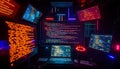 Cyberpunk hacker room setup, multiple screens, tech workspace, futuristic, Stock Photo, Generative AI Royalty Free Stock Photo