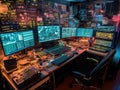 Cyberpunk hackers workstation with code lines