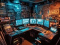 Cyberpunk hackers workstation with code lines