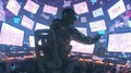 A cyberpunk hacker sits in front of multiple computer screens, surrounded by data streams and code, working on a complex project Royalty Free Stock Photo