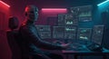 Cyberpunk Hacker Working on Multiple Monitors with Data Charts and Graphs Royalty Free Stock Photo