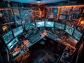 Cyberpunk hackers workstation with code lines