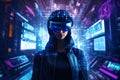 Cyberpunk Hacker in a Futuristic City Surrounded by Holographic Interfaces