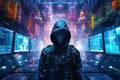 Cyberpunk Hacker in a Futuristic City Surrounded by Holographic Interfaces