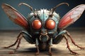 Cyberpunk Insect with big red eyes and a metallic looking skin surface, large mandibles for chewing and six articulated legs