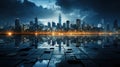 Cyberpunk inspired cityscape with a reflective surface and moody sky