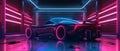 In a cyberpunk-inspired environment, a futuristic concept car with striking neon outlines demands attention. Its