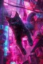 Cyberpunk Inspired Futuristic Neon Cityscape with Flying Black Cat and Luminous Urban Backdrop