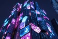 A cyberpunk-inspired high-rise building with an entire facade made from glowing hexagonal LED panels
