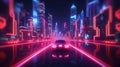a cyberpunk inspired neon light modern city with a car driving in the middle, ai generated image