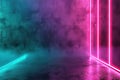 Cyberpunk-inspired room with neon pink and blue lights on textured walls, perfect for atmospheric backgrounds or vibrant