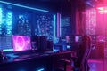 A cyberpunk inspired tech lab with neon holographic projections, sleek computer setups, and digital