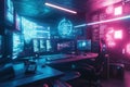 A cyberpunk inspired tech lab with neon holographic projections, sleek computer setups, and digital