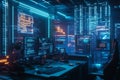 A cyberpunk inspired tech lab with neon holographic projections, sleek computer setups, and digital