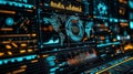 Cyberpunk Interface Blue and Orange Digital Displays with World Map and Data Visualizations