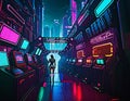 Cyberpunk landscape of city streets with neon light. Image generated by artificial intelligence, ai. The concept of retro futurism Royalty Free Stock Photo