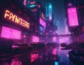 Cyberpunk landscape of city streets with neon light. Image generated by artificial intelligence, ai. The concept of retro futurism Royalty Free Stock Photo