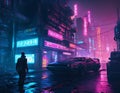 Cyberpunk landscape of city streets with neon light. Image generated by artificial intelligence, ai. The concept of retro futurism Royalty Free Stock Photo