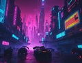 Cyberpunk landscape of city streets with neon light. Image generated by artificial intelligence, ai. The concept of retro futurism Royalty Free Stock Photo