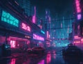 Cyberpunk landscape of city streets with neon light. Image generated by artificial intelligence, ai. The concept of retro futurism Royalty Free Stock Photo