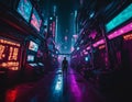 Cyberpunk landscape of city streets with neon light. Image generated by artificial intelligence, ai. The concept of retro futurism Royalty Free Stock Photo